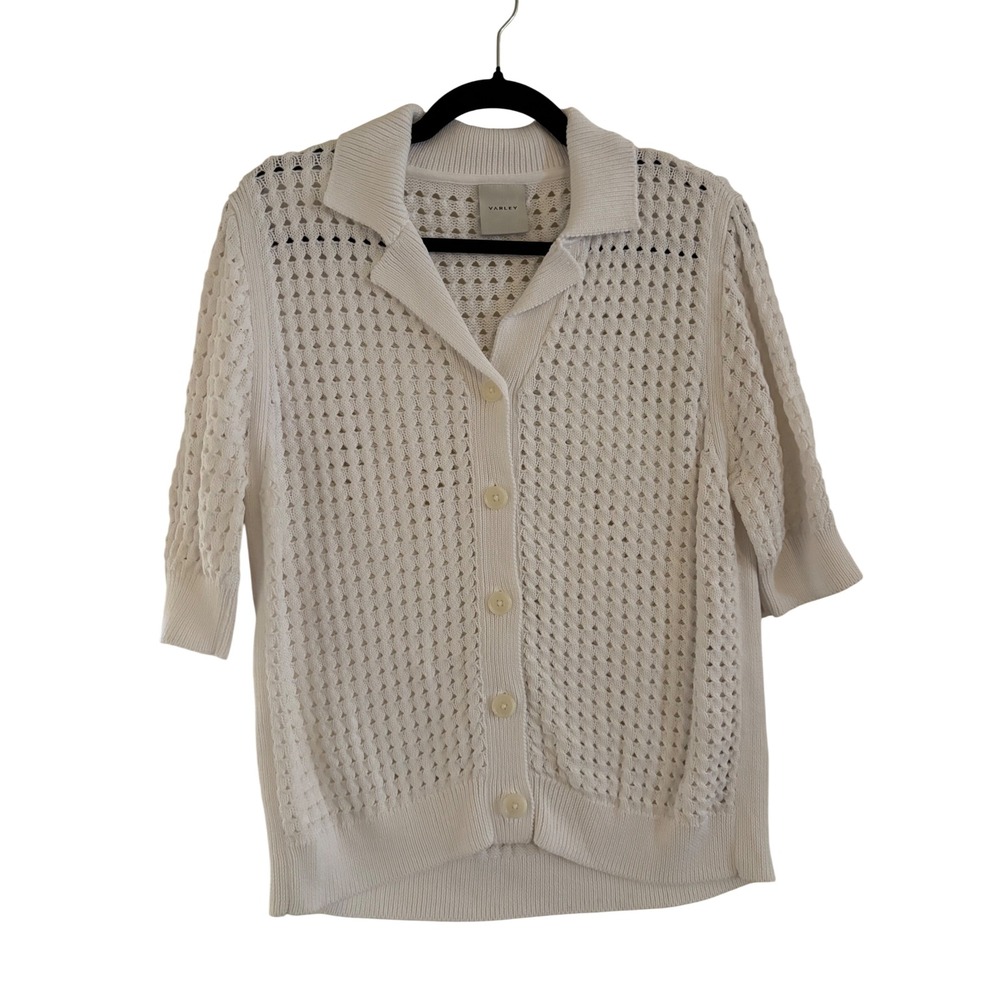 Varley White Open Knit Short Sleeve Button Front Cardigan Sweater Cotton Small